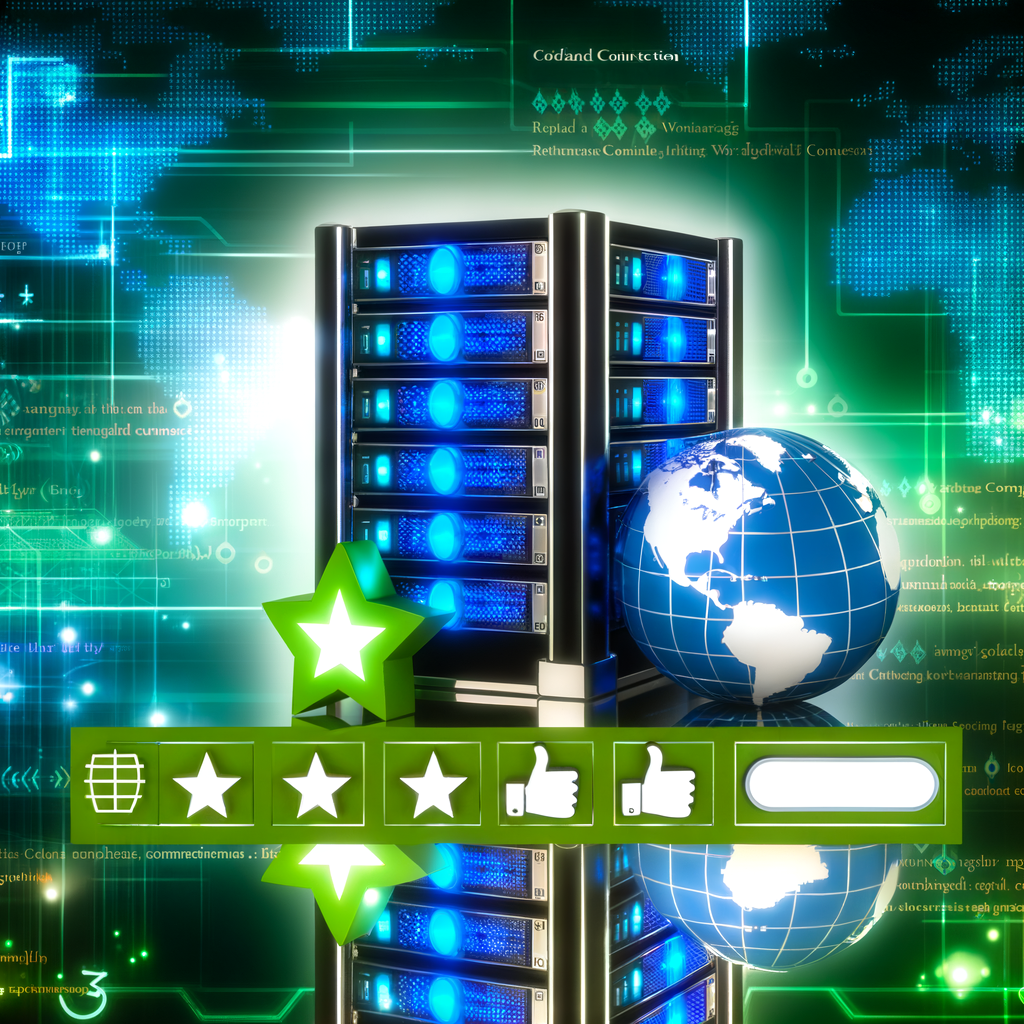 Digital server room with glowing icons, global internet symbol, and high rating graphics — Hostinger 2026 review