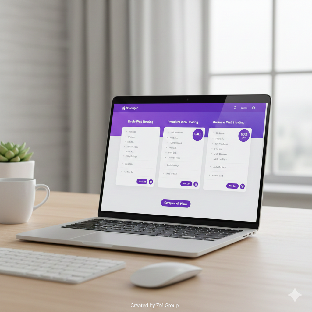 Laptop showing hosting plans comparison in Hostinger-style interface with discount prices and small footer text "Created by ZM Group".