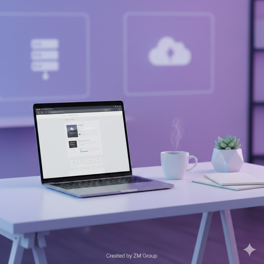 “Modern workspace with a laptop showing a website setup screen and small footer text that says Created by ZM Group.”