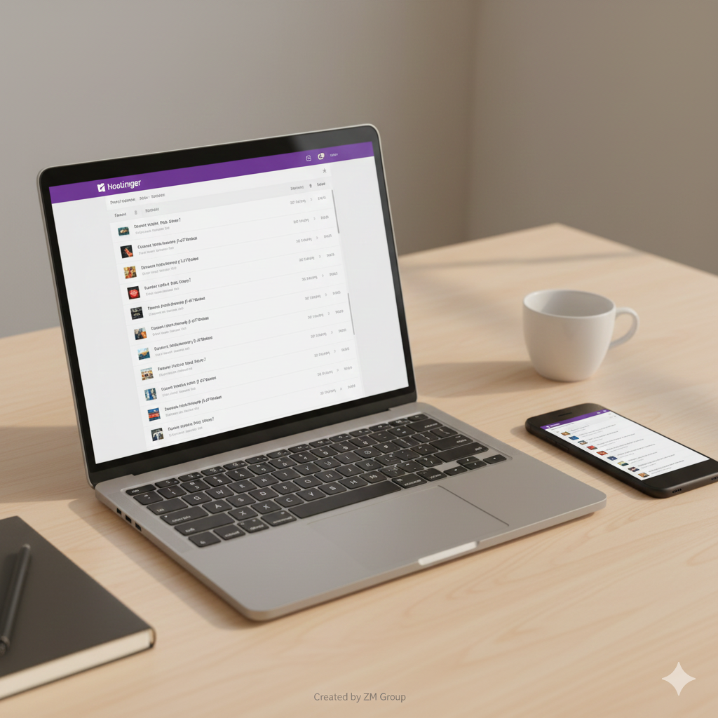 Modern workspace showing Hostinger business email inbox on a laptop and phone, with a small footer