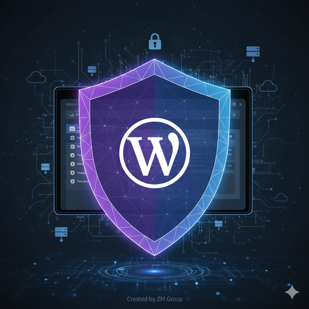 Digital cybersecurity shield protecting WordPress website dashboard from hacking threats.