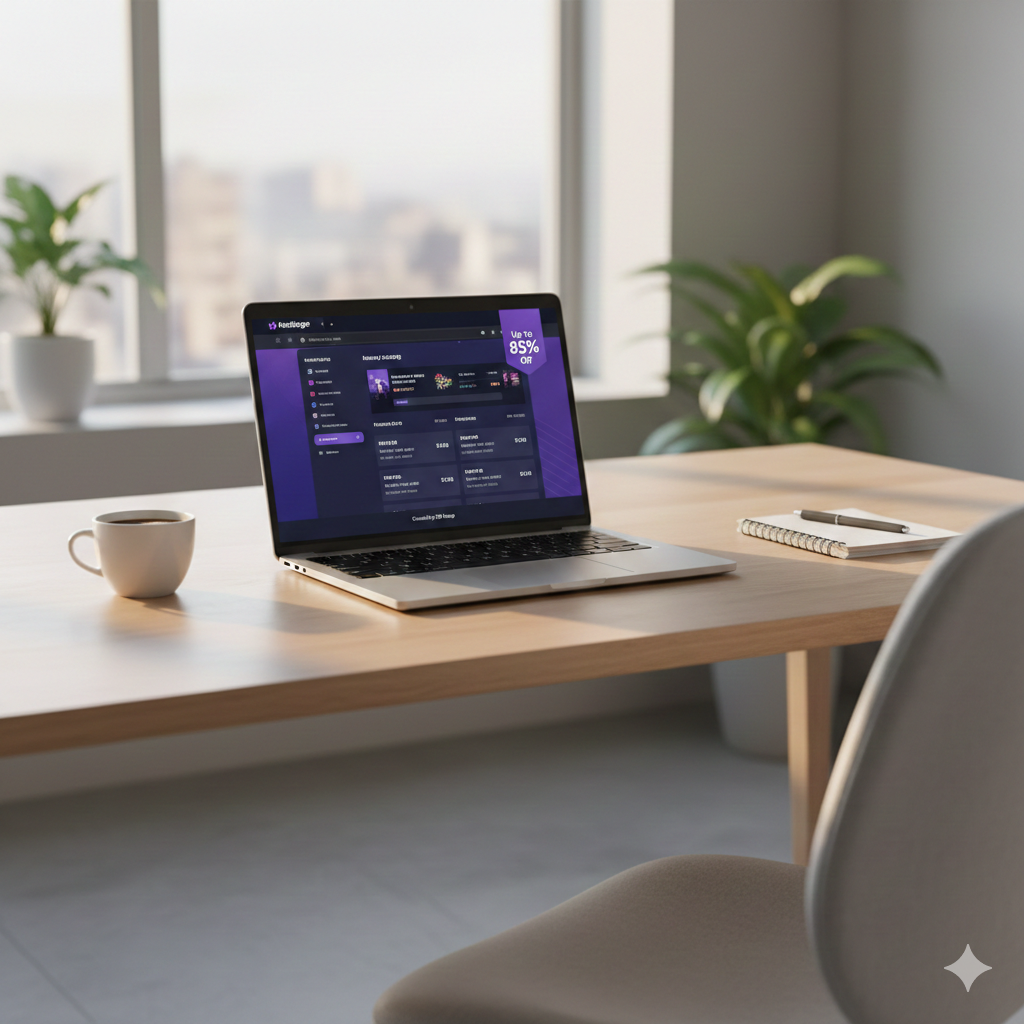 Laptop displaying hosting discount dashboard in Hostinger-style UI on a modern workspace.