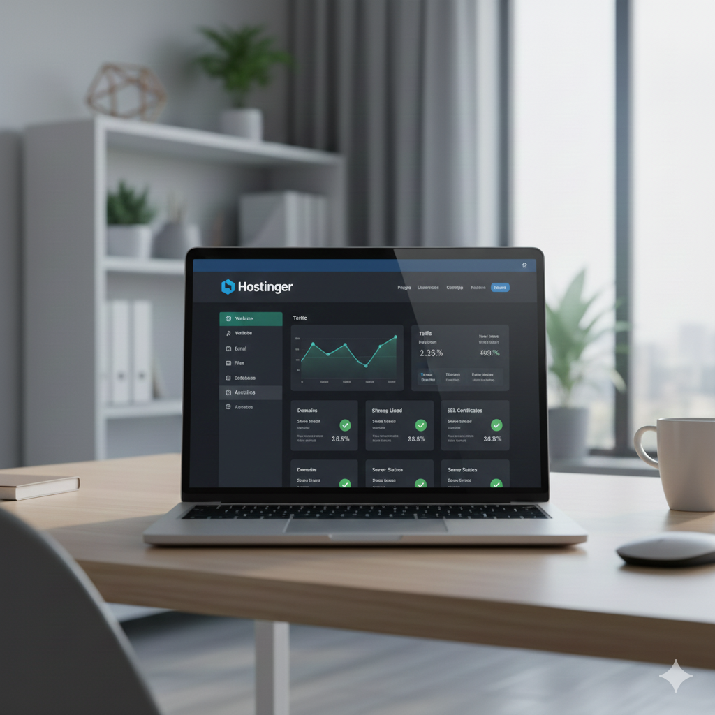 Illustration of website migration to Hostinger with cloud hosting, data transfer symbols, and secure lock icons in a blue tech background”