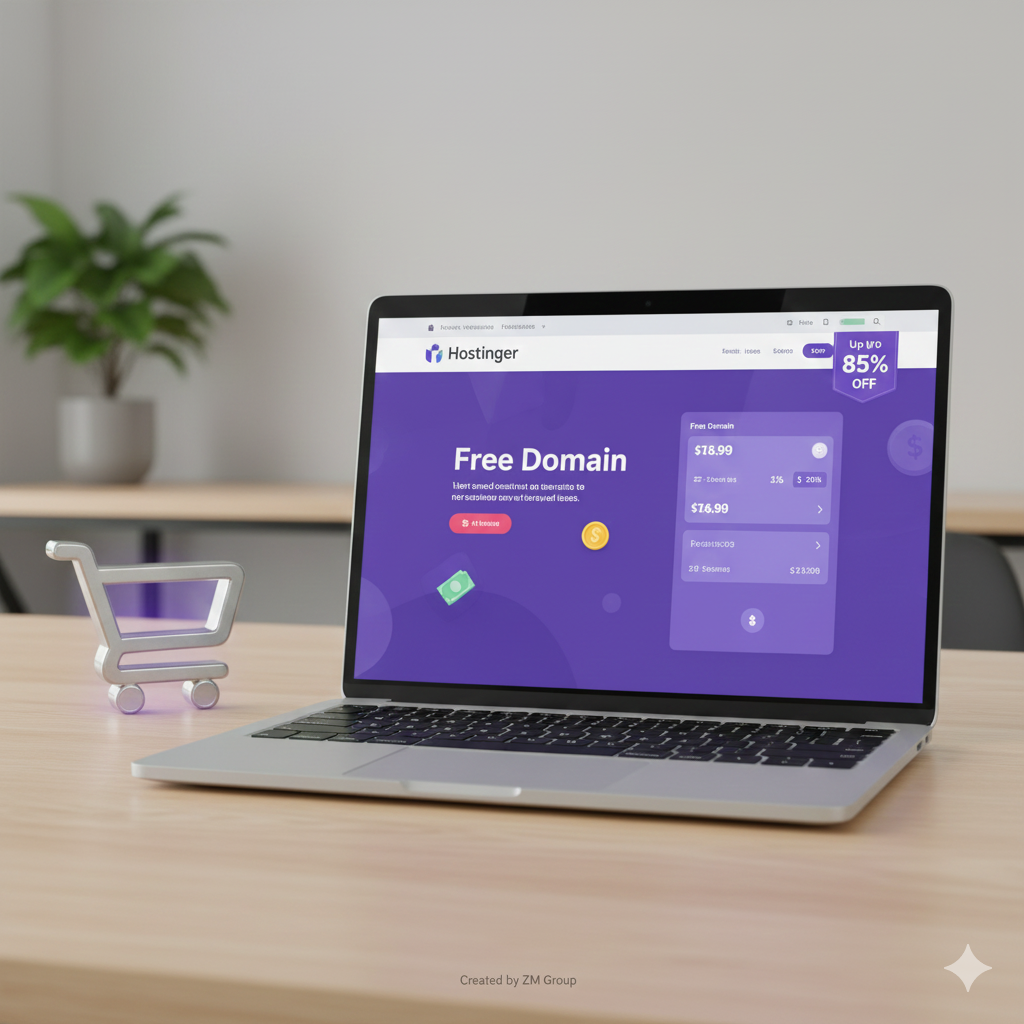 Laptop showing Hostinger free domain and hosting deals on a professional workspace.