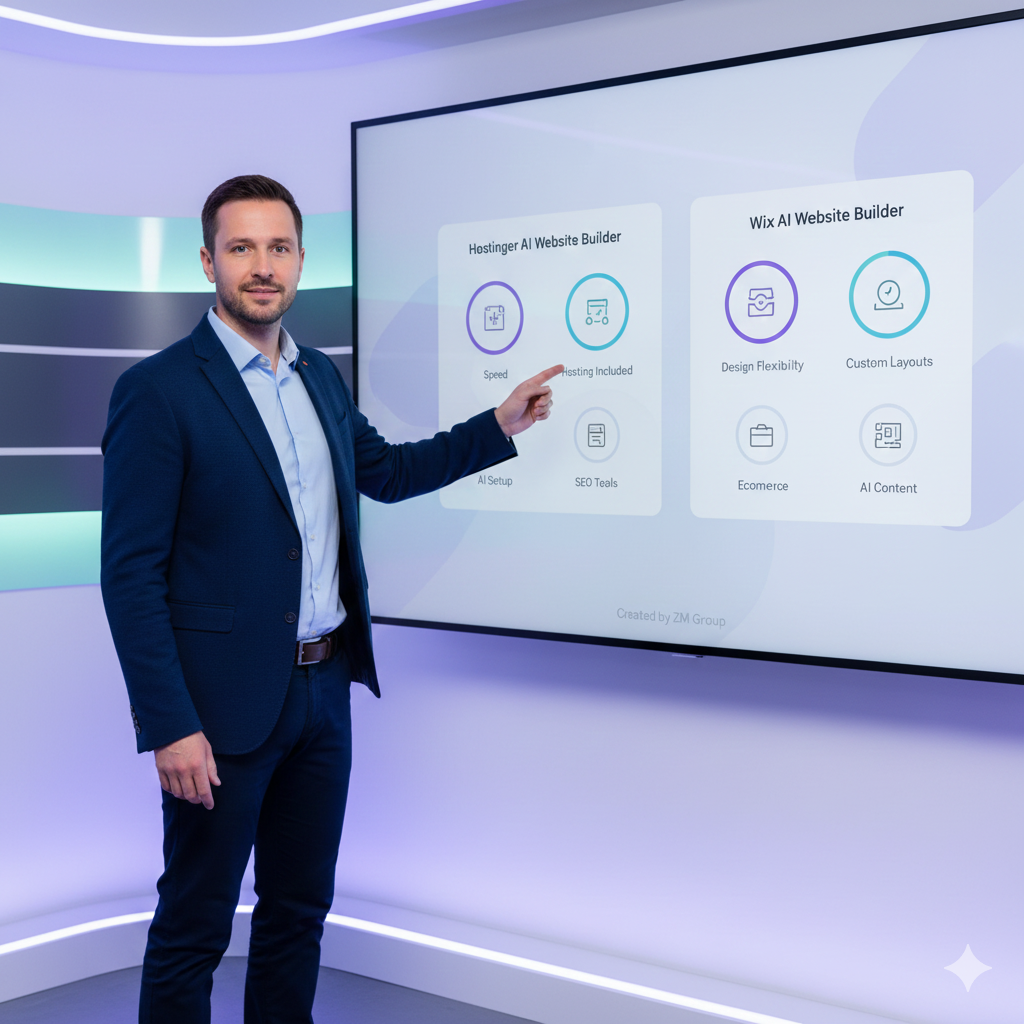 Male presenter comparing Hostinger AI Website Builder and Wix AI Builder with speed, SEO, pricing, and ecommerce features