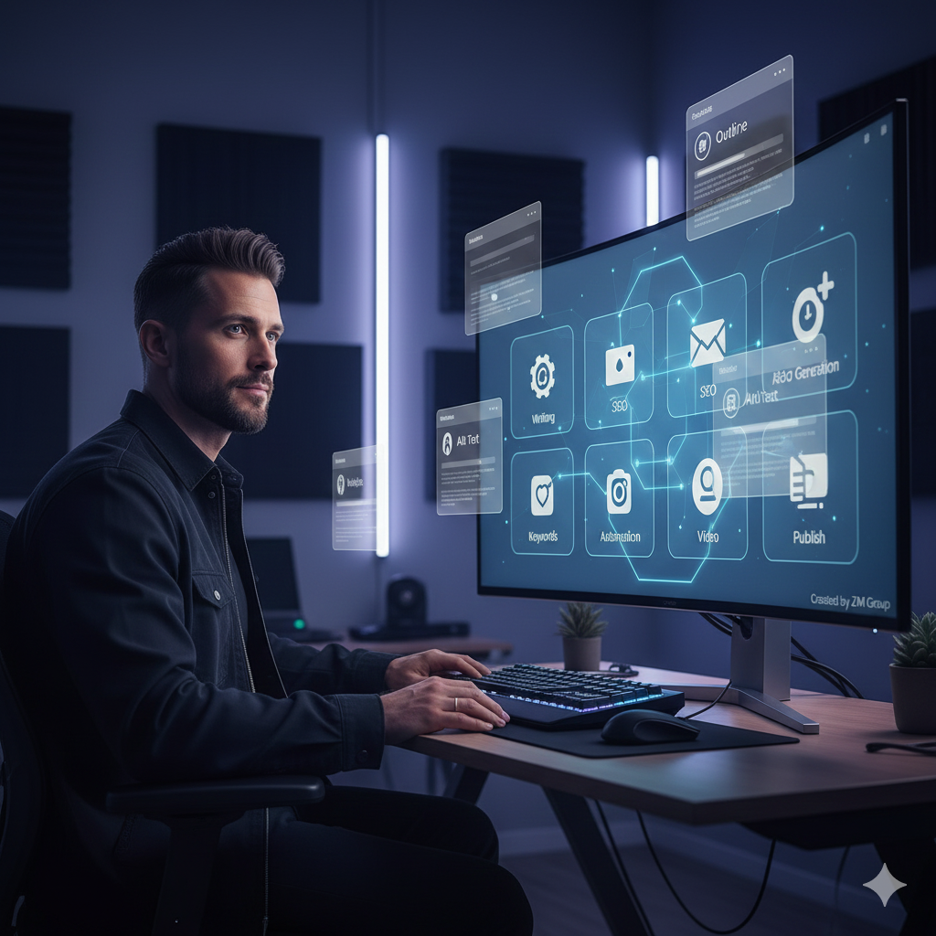 Male creator using a dashboard of AI tools for writing, images, SEO, video, and automation
