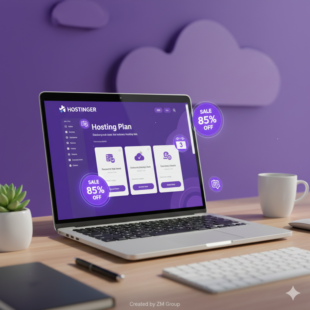 Laptop showing Hostinger discounted hosting plans in a purple UI on a modern workspace desk.