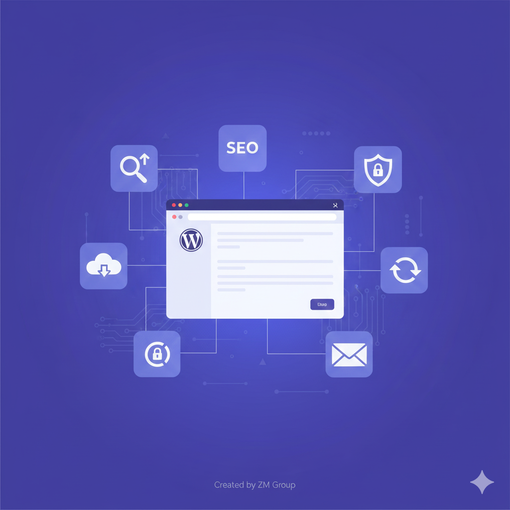 Illustration showing WordPress dashboard with essential plugin icons representing performance, SEO, security, backups, and ecommerce.