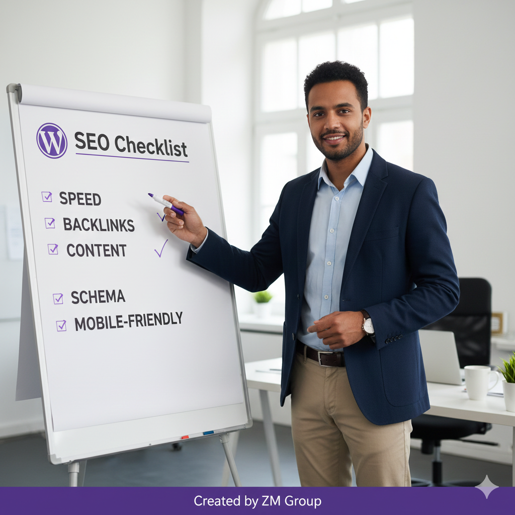 Professional digital marketing expert presenting WordPress SEO strategies on a whiteboard, explaining ranking techniques inside an office environment.