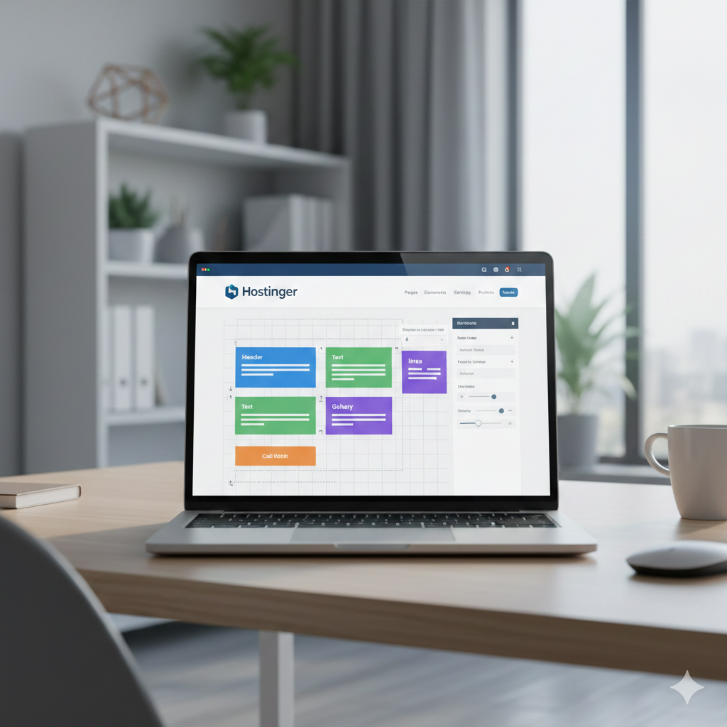 Hostinger Website Builder open on laptop showing AI website creation dashboard, perfect for quick tutorials and beginners in 2026.