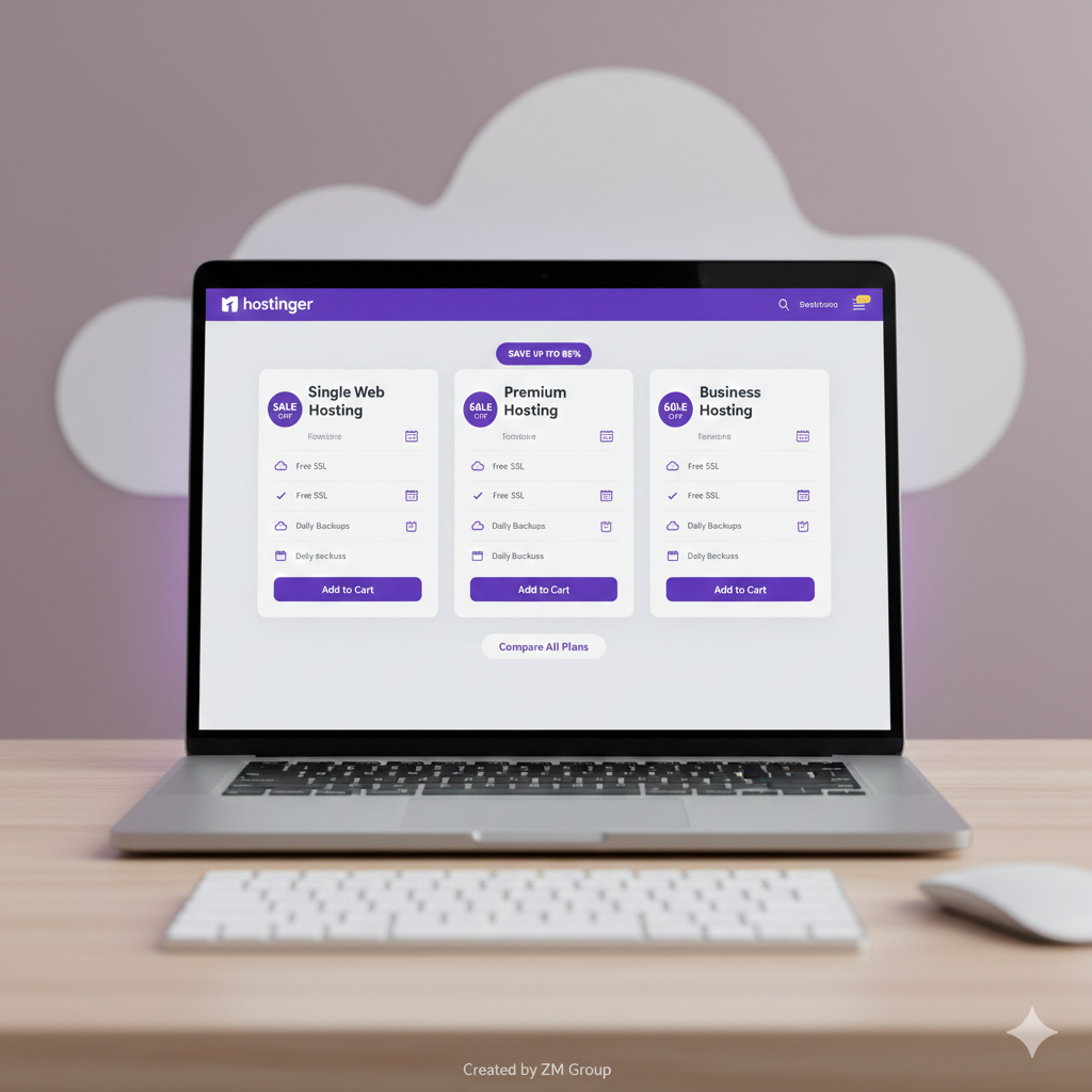 Laptop displaying discounted hosting plans in Hostinger-style design on a modern workspace.