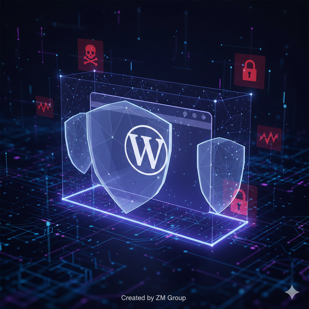WordPress site security illustration showing signs of malicious hacking attempts and cyber defense shield.