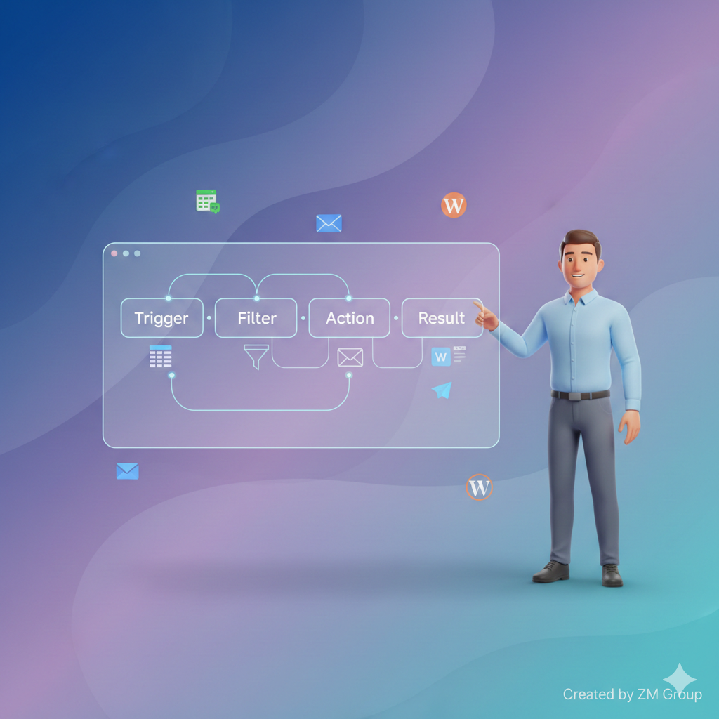 Male presenter explaining a visual n8n automation workflow with connected nodes and app icons