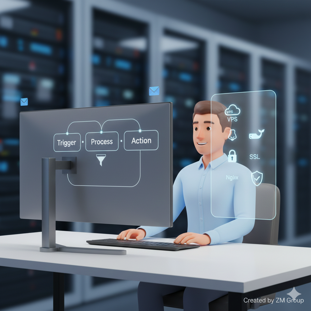 Male tech professional setting up n8n automation on a VPS with Docker, SSL, and Nginx