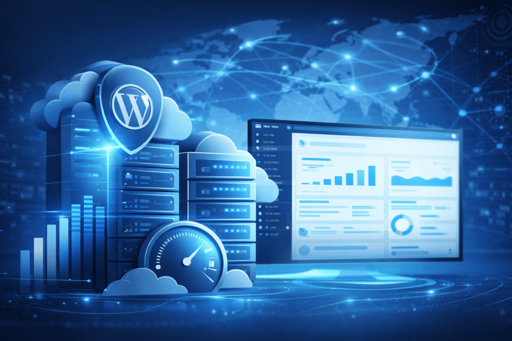 WP Engine managed WordPress hosting cloud infrastructure performance and security illustration