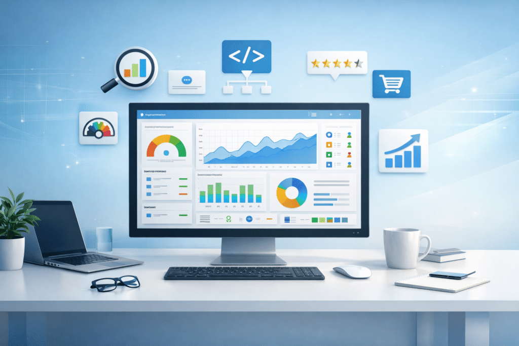 Modern WordPress SEO workspace with analytics dashboard, keyword optimization charts, and performance metrics illustration